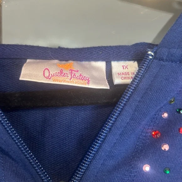 Quacker Factory Sparkle & Shine Zip-Up Hood Sweater Rhinestone Jacket Plus 1X - Picture 3 of 8